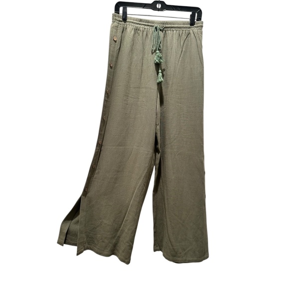 Wide Leg Linen Viscose Button Pants Olive Tassel Detail - Picture 6 of 8